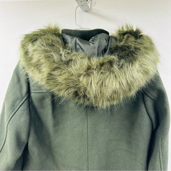 Coffeeshop Emmalise Wool Blend Jacket Green Faux Fur Hood Front Buckle Sz S - Picture 10 of 11